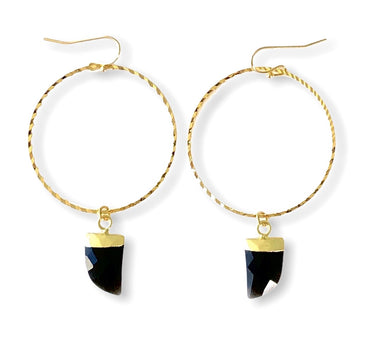 Black Onyx Hoops in Yellow Gold