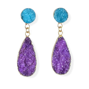 Aqua and Purple Druzy Teardrop Earrings