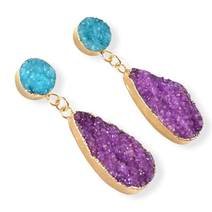 Aqua and Purple Druzy Teardrop Earrings